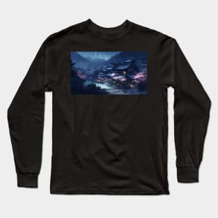 Moonlit Japanese Mountain Village with Cherry Blossom Trees Long Sleeve T-Shirt